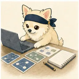 ノートPCとIT概念カードで学ぶチワワ
