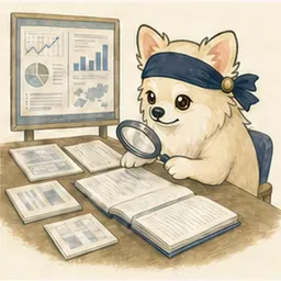 データカードを比較して分析するチワワ
