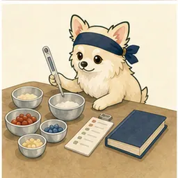 食品衛生の手順と食材を確認するチワワ