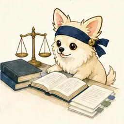 法令集と書類を整理して学ぶチワワ