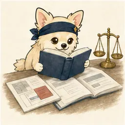 法令集と書類を整理して学ぶチワワ