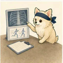 画像資料とリハビリ計画を学ぶチワワ