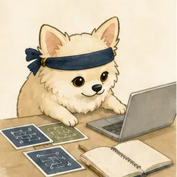 ノートPCとIT概念カードで学ぶチワワ