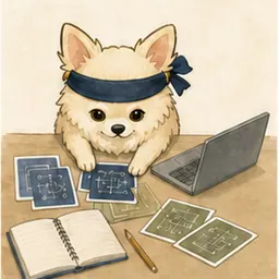 ノートPCとIT概念カードで学ぶチワワ