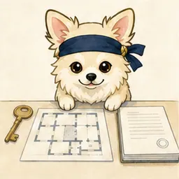 建物図面と契約書を確認するチワワ