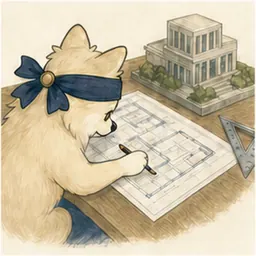 建築図面と模型を確認するチワワ