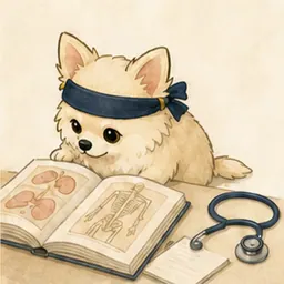 医学書と聴診器で学ぶチワワ