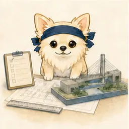 技術図面と構造模型を確認するチワワ