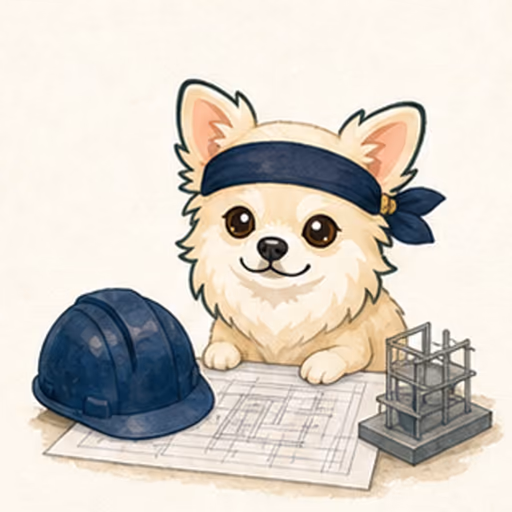 建設・学習の学びや仕事を表す道具を確認するチワワ