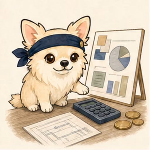 資金計画のカードを比較するチワワ