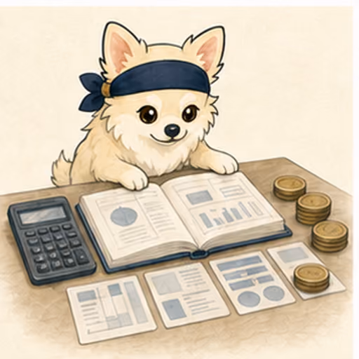 資金計画のカードを比較するチワワ