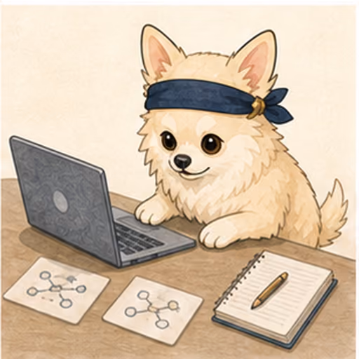 ノートPCとIT概念カードで学ぶチワワ