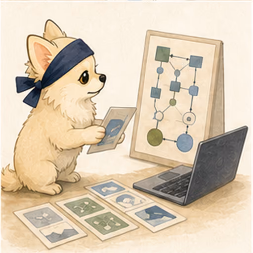 ノートPCとIT概念カードで学ぶチワワ