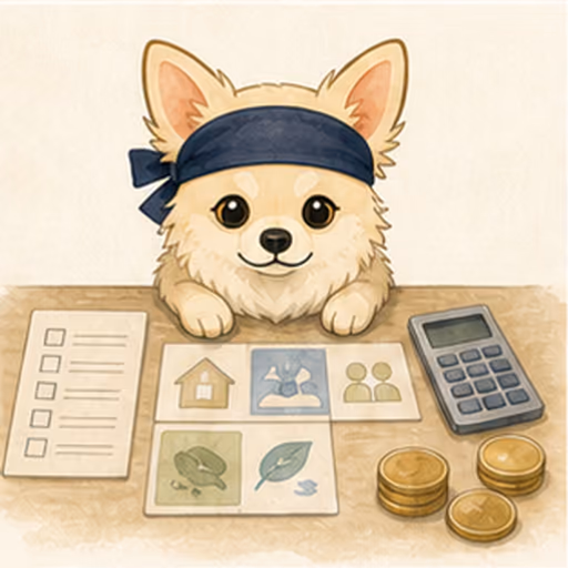資金計画のカードを比較するチワワ