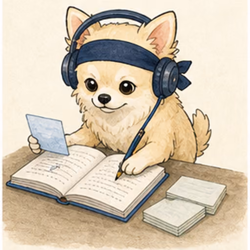 ヘッドホンとノートで語学を学ぶチワワ