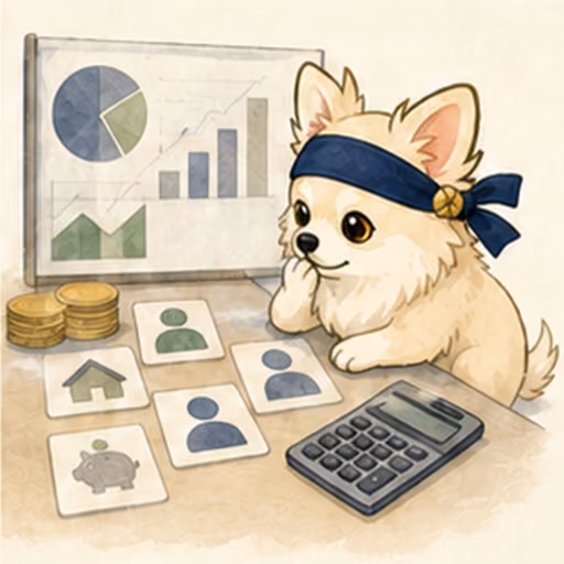 資金計画のカードを比較するチワワ