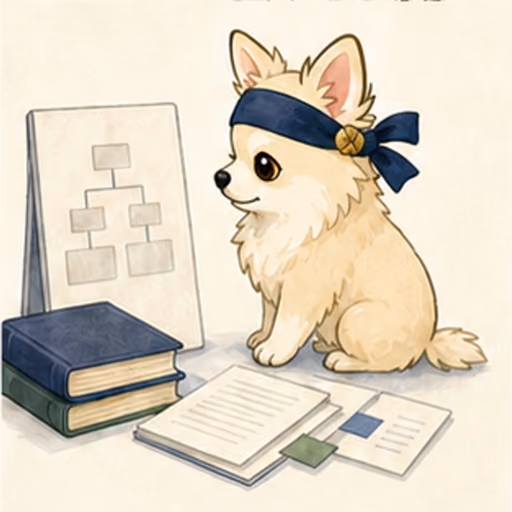 法令集と書類を整理して学ぶチワワ