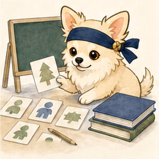 教材カードを整理して教えるチワワ