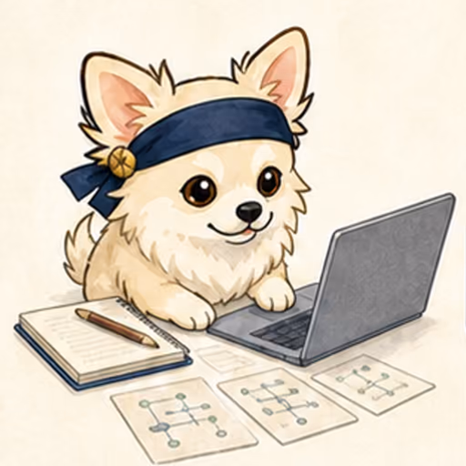 ノートPCとIT概念カードで学ぶチワワ
