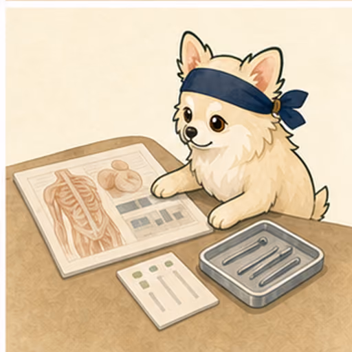 医療資料とケア用具を確認するチワワ