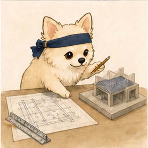 建築図面と模型を確認するチワワ