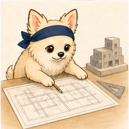建築図面と模型を確認するチワワ