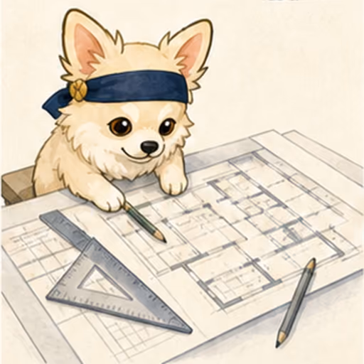 建築図面と模型を確認するチワワ