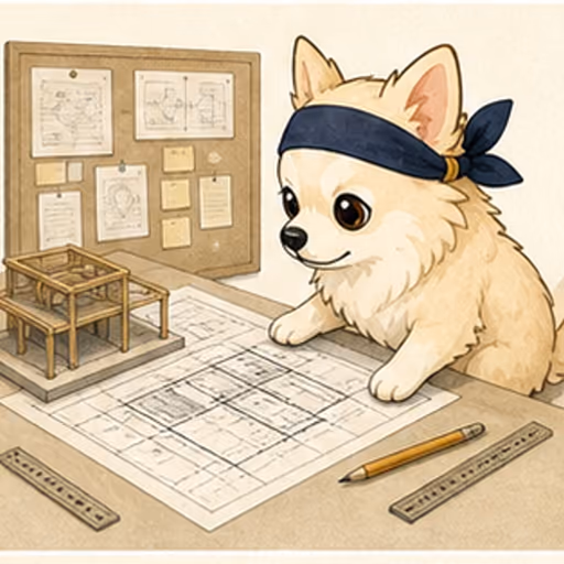 建築図面と模型を確認するチワワ