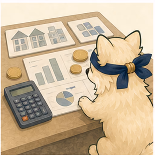 資金計画のカードを比較するチワワ