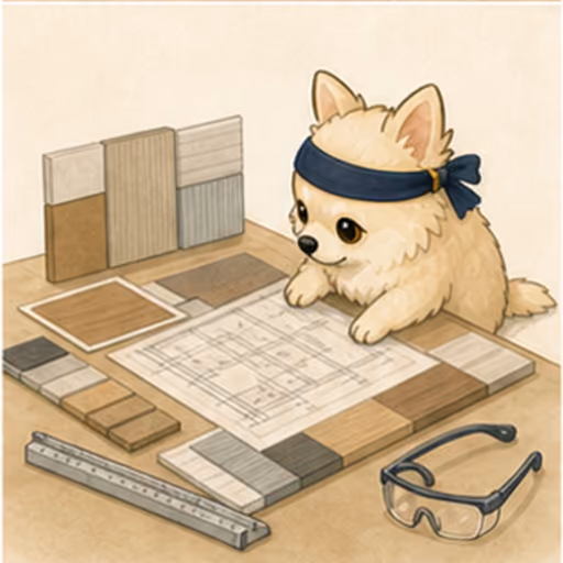 内装図と仕上げ材見本を確認するチワワ