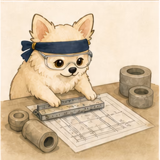 断熱層の構成と材料見本を確認するチワワ