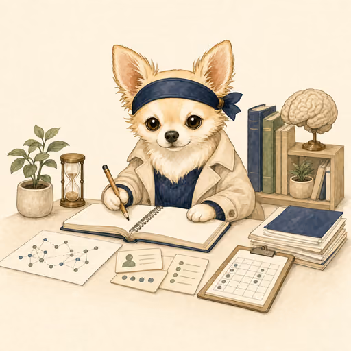 心理学の履修単位と研究ノート、認定申請書類を整理するチワワ