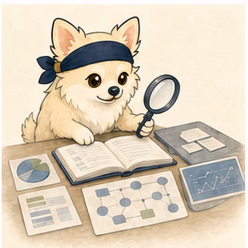 データカードを比較して分析するチワワ
