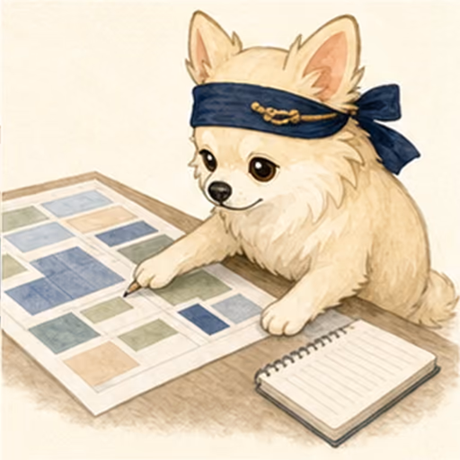 事業計画のカードを整理するチワワ
