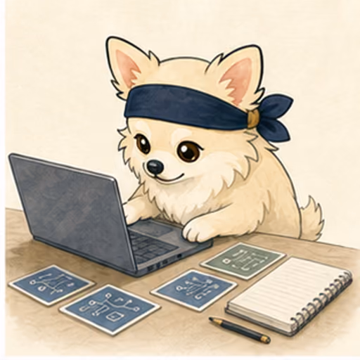 ノートPCとIT概念カードで学ぶチワワ