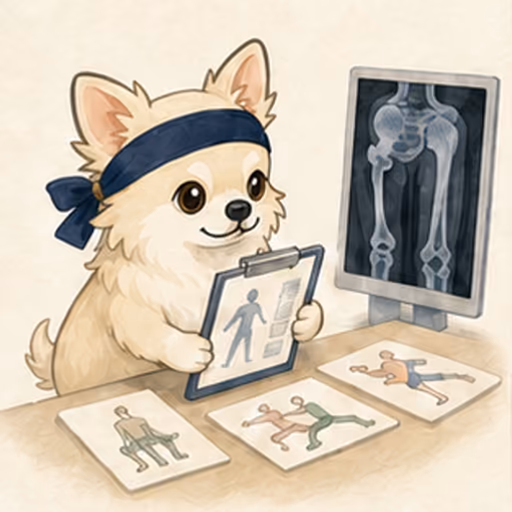 画像資料とリハビリ計画を学ぶチワワ