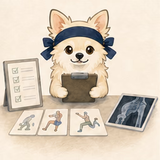 画像資料とリハビリ計画を学ぶチワワ
