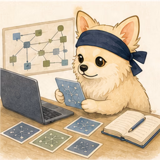 ノートPCとIT概念カードで学ぶチワワ