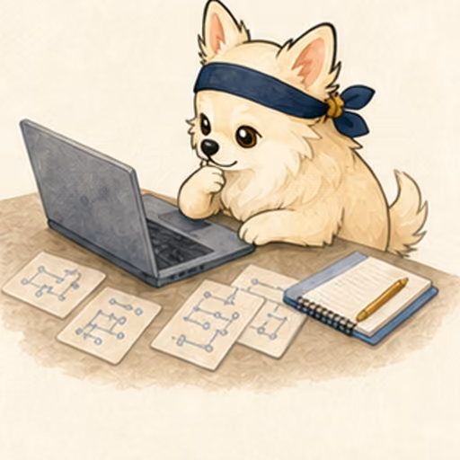 ノートPCとIT概念カードで学ぶチワワ