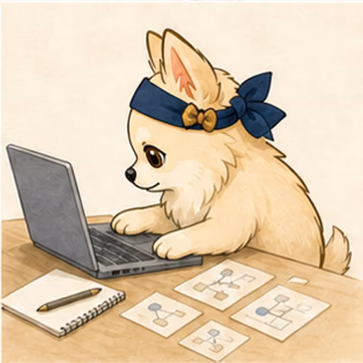 ノートPCとIT概念カードで学ぶチワワ