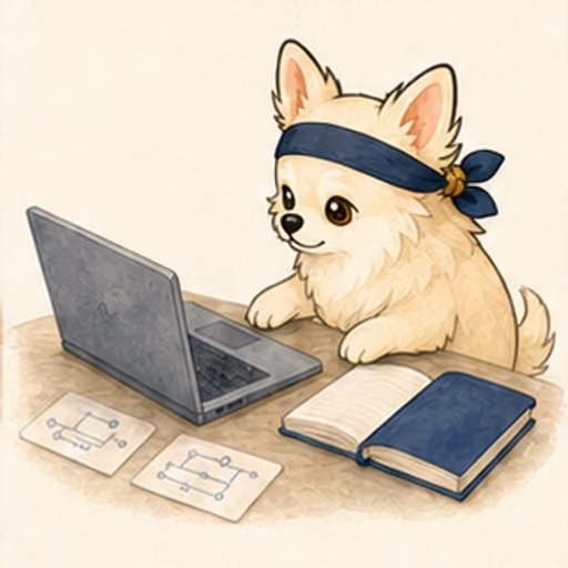 ノートPCとIT概念カードで学ぶチワワ