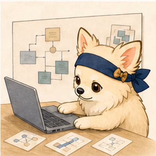 ノートPCとIT概念カードで学ぶチワワ