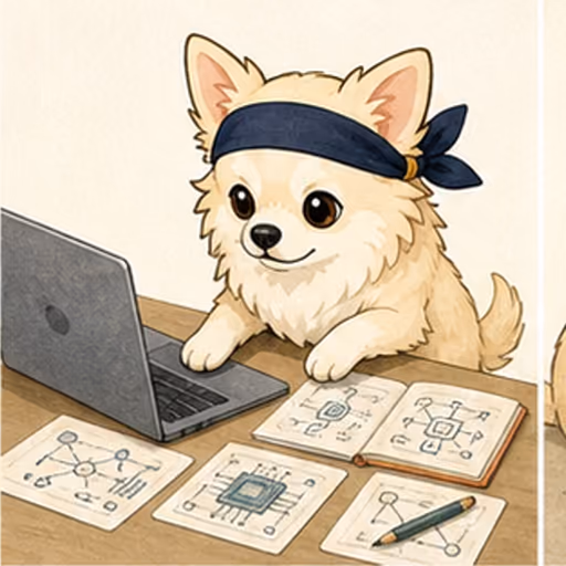 ノートPCとIT概念カードで学ぶチワワ