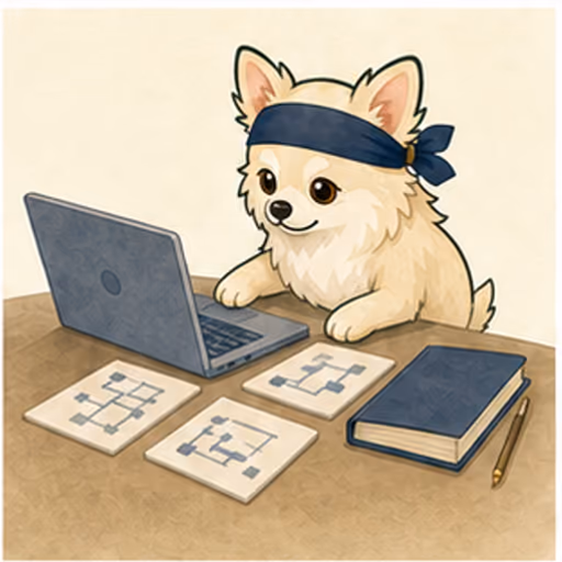ノートPCとIT概念カードで学ぶチワワ