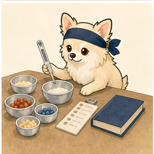 食品衛生の手順と食材を確認するチワワ