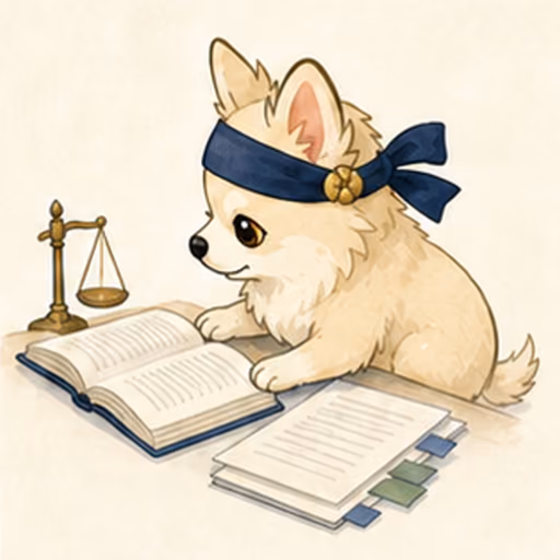 法令集と書類を整理して学ぶチワワ