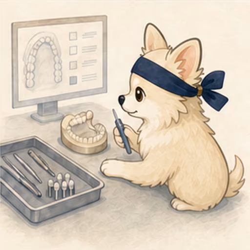 医療資料とケア用具を確認するチワワ
