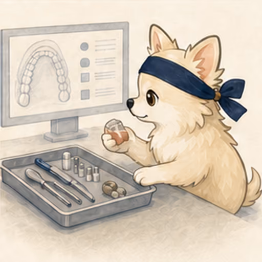 医療資料とケア用具を確認するチワワ
