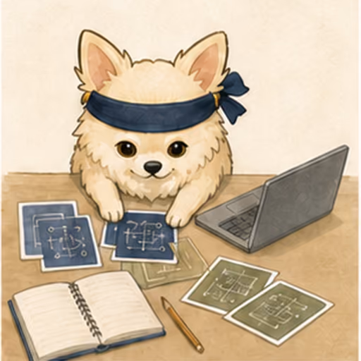 ノートPCとIT概念カードで学ぶチワワ